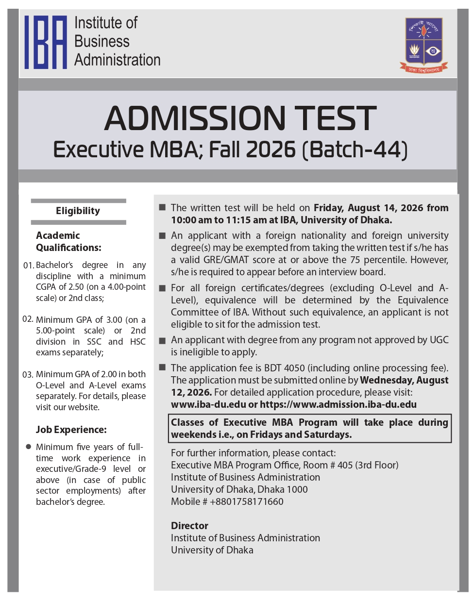 EMBA admission notice